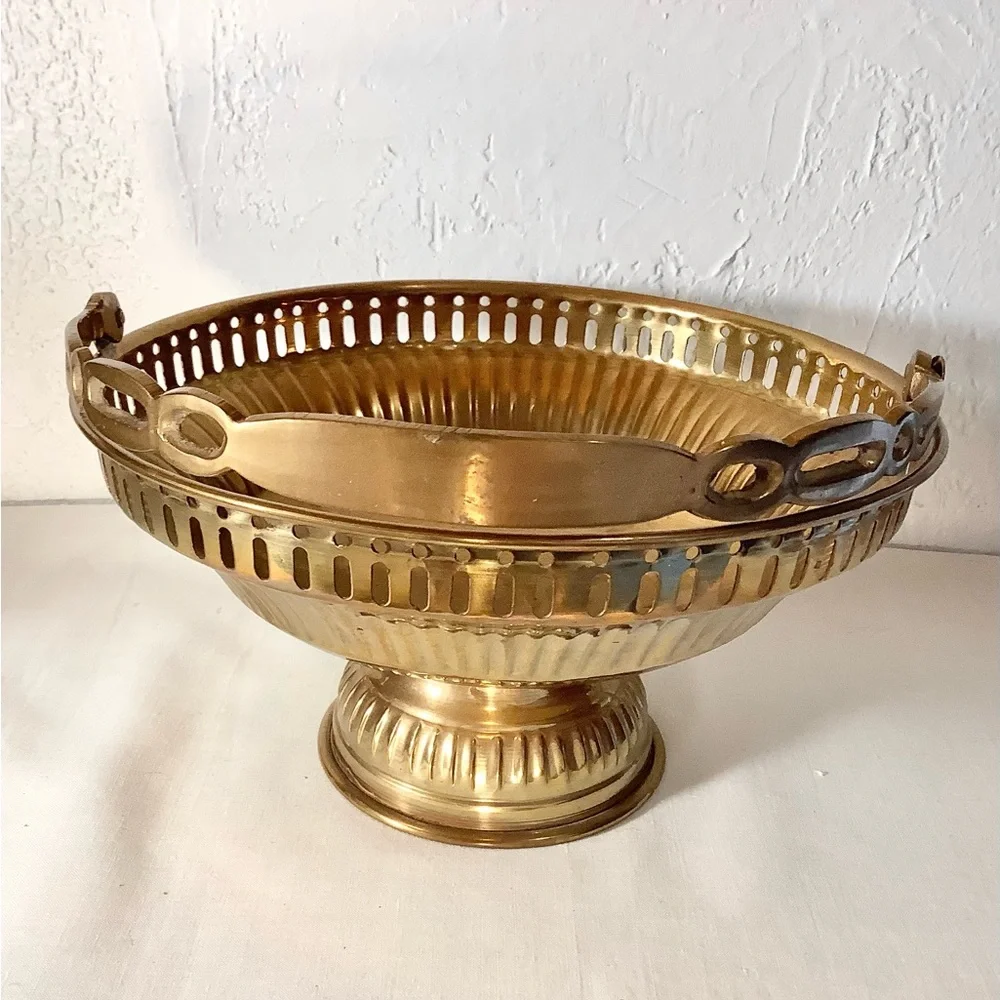Vintage Brass Footed Bowl Basket With Handle - Detailed ~8 X 7.5 “
